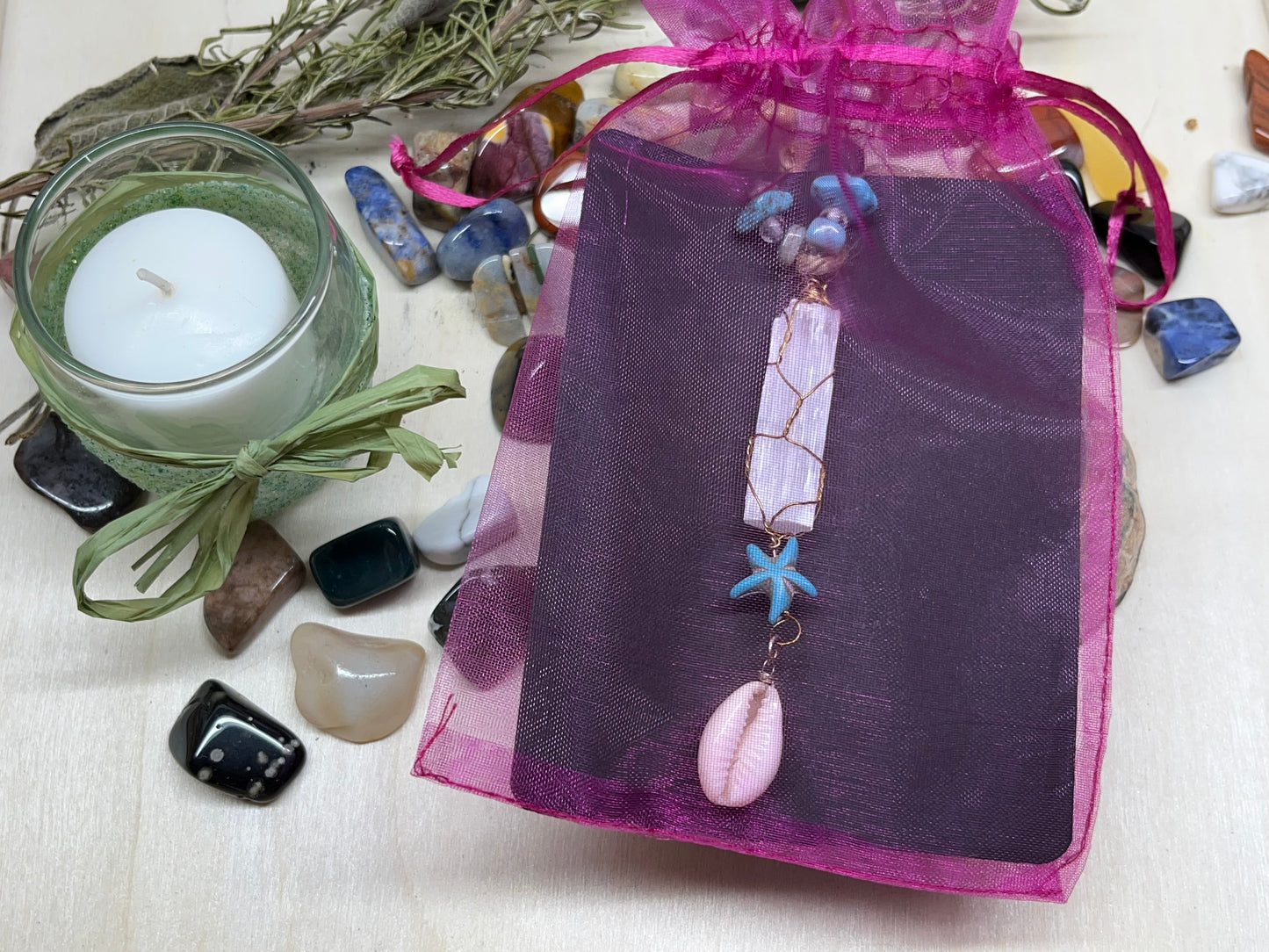 Selenite Hanging Charm with Starfish & Shell