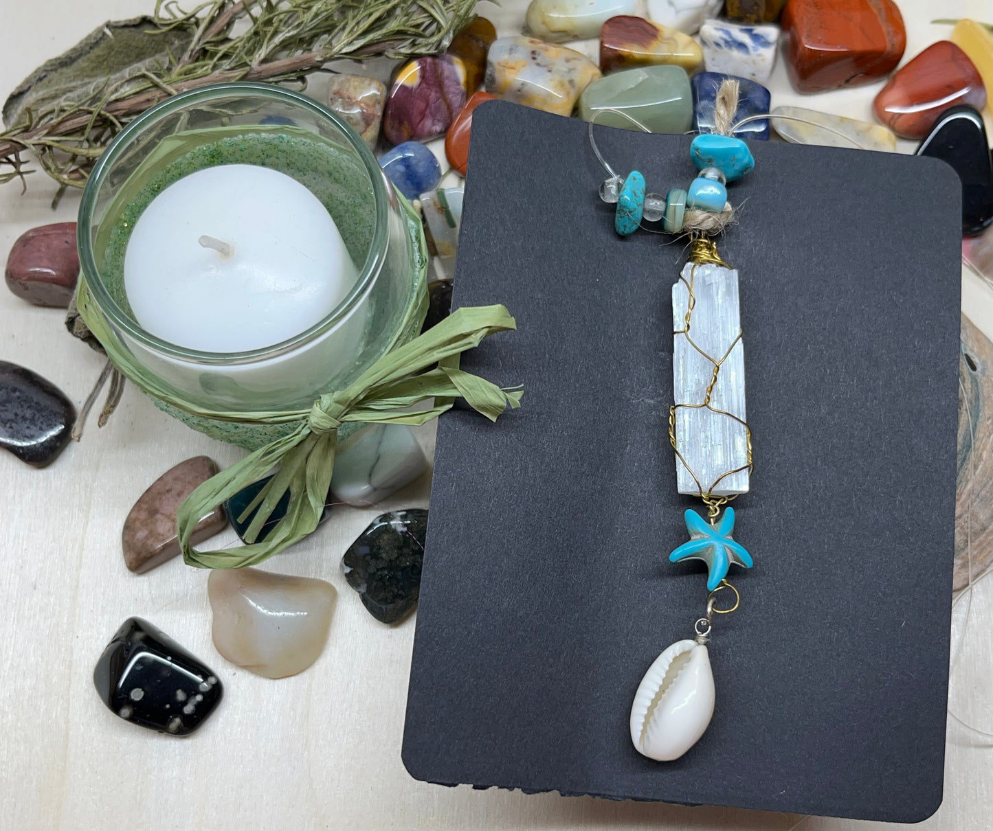 Selenite Hanging Charm with Starfish & Shell