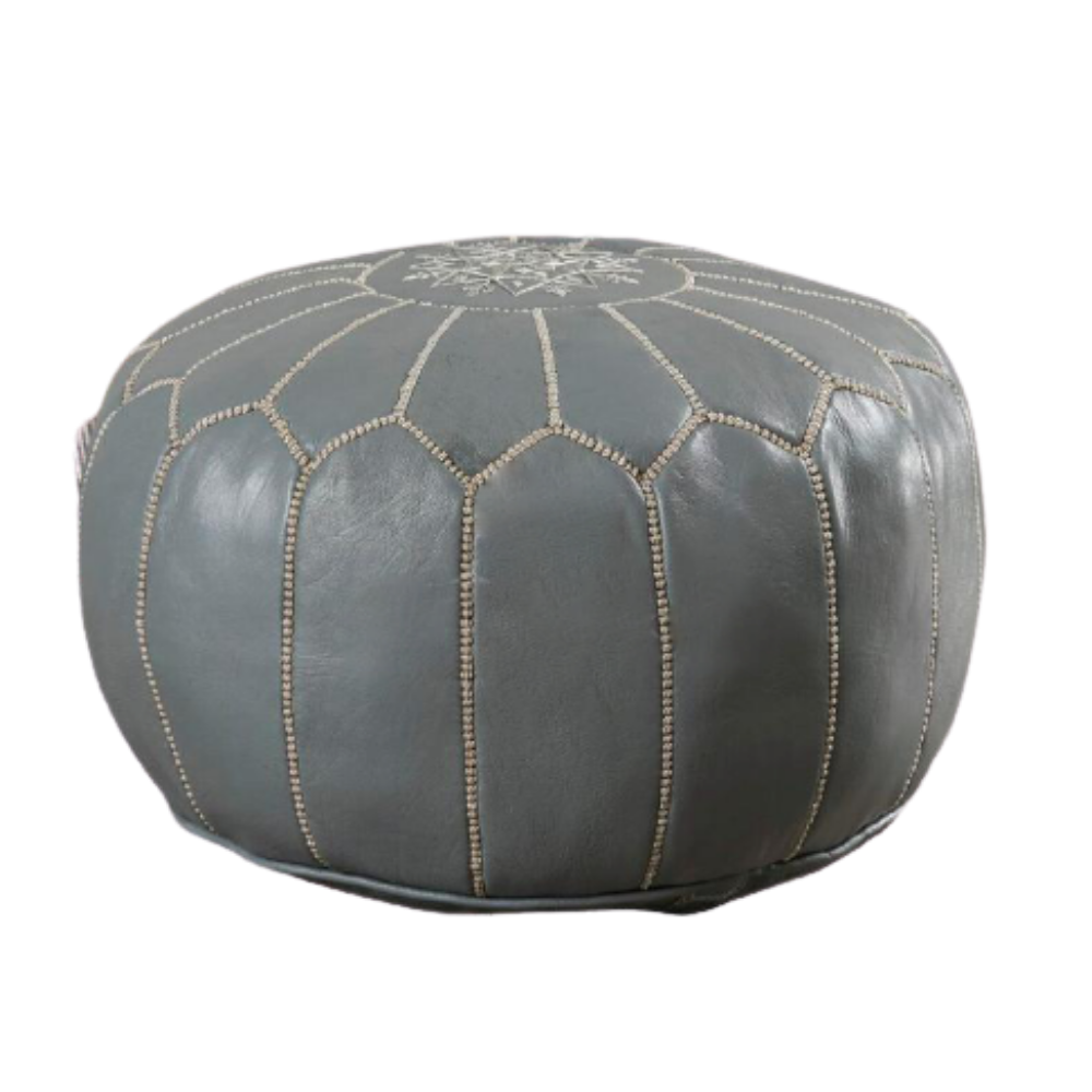 Grey Moroccan Leather Pouf Ottoman