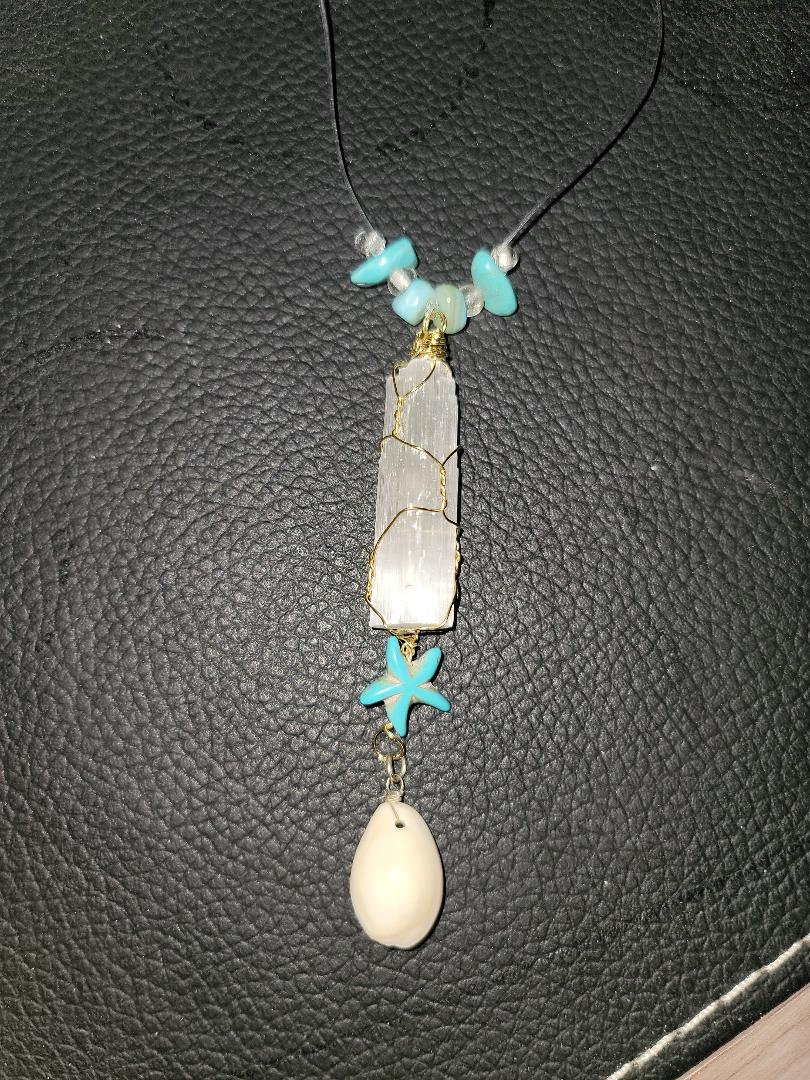 Selenite Hanging Charm with Starfish & Shell