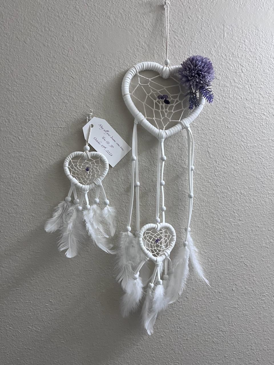 Finished heart shaped dreamcatchers for wedding favors, along with larger dreamcatcher for the bride as a gift from BMG.