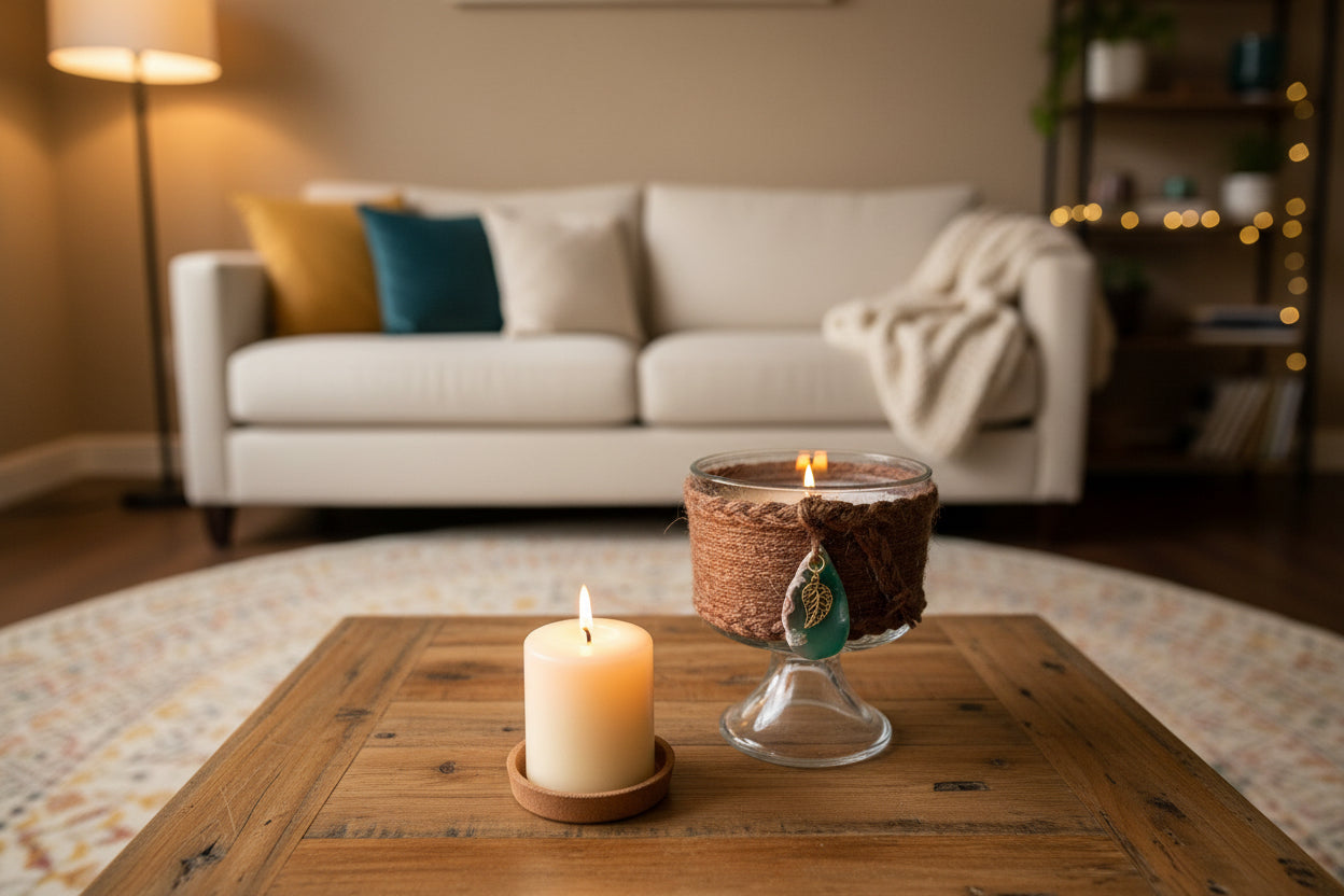Glass with a brown textured wrap and leaf-shaped pendant on a white fabric background