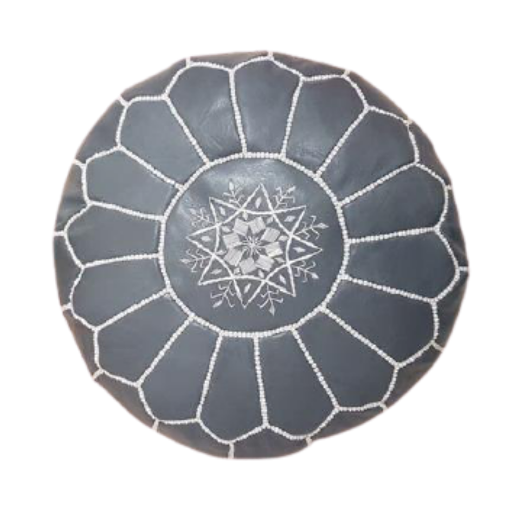 Grey Moroccan Leather Pouf Ottoman