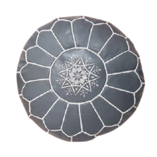Grey Moroccan Leather Pouf Ottoman