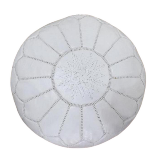 White Moroccan Leather Pouf Ottoman