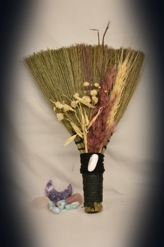 Witches Broom/Besom - With Howlite Stone & Pink Foliage  8"